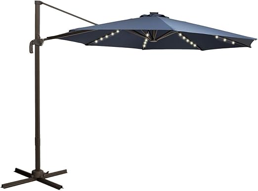 Amazon Com Tagi 10 Feet Square Outdoor Umbrella With 40 Solar Led Lights Cantilever Pole With Crank Lift 8 Iron Ribs Rotatable Navy Blue Garden Outdoor