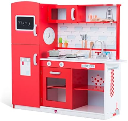 Kids Terrace Wooden Play Kitchen, red - over 3' tall with 6 accessories: saucepan, frying pan and 4 utensils