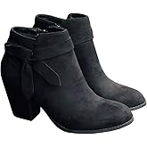 PiePieBuy Women's Tie Knot Chelsea Pump Ankle Boots Closed Toe Stacked Heel Booties Shoes