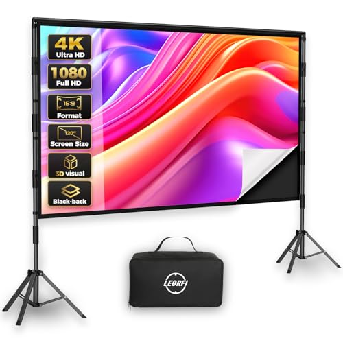 Écran de Projection avec Support 120 Pouces – LEORFI Écran de Projection Portable Intérieur Extérieur avec Dos Noir, 16:9 4K HD, Anti-Plis, Sac de Transport pour Jardin & Home Cinéma