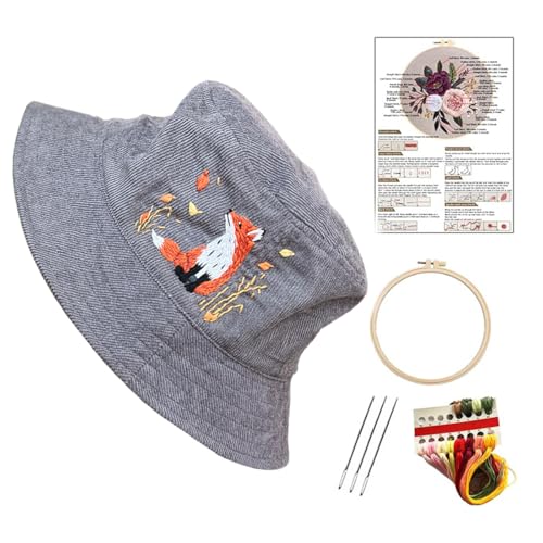 FYSIVOKE Bucket Hat Embroidery Kit, Floral Animal Embroidery Kit for Beginner, Make Your Own Fisherman Hat Include Cloth Colorful Threads Feather Ornament for DIY Craft Lover (Grey)