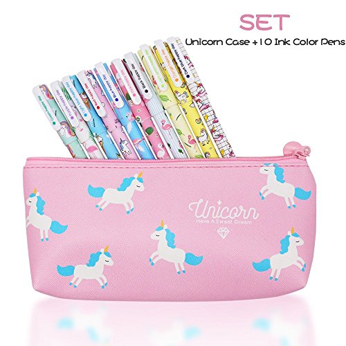 10 pcs Unicorn Flamingo Gel Pens Set with Unicorn Pen Pencil Case,Fine Point(0.5mm),10 Ink Color,Best Unicorn Gifts for Girls,Unicorn Theme Party Favors (5 unicorn+5 flamingo colorful ink)
