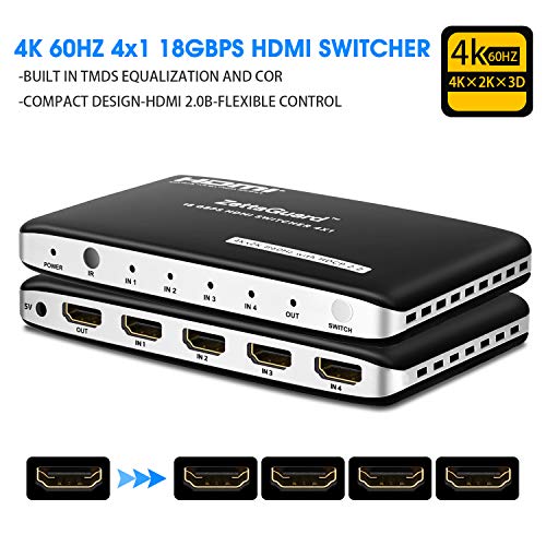 Zettaguard Upgraded 4K 60Hz 4x1 HDMI Switcher 4 port HDMI 2.0 Switch Hub HDMI Splitter with IR Remote Control Support 18Gbps 4K x 2K 3D HDCP 2.2(4 In 1 Out)