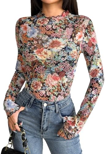 Verdusa Women's Mock Neck Long Sleeve Marble Mesh Slim Fitted Tee