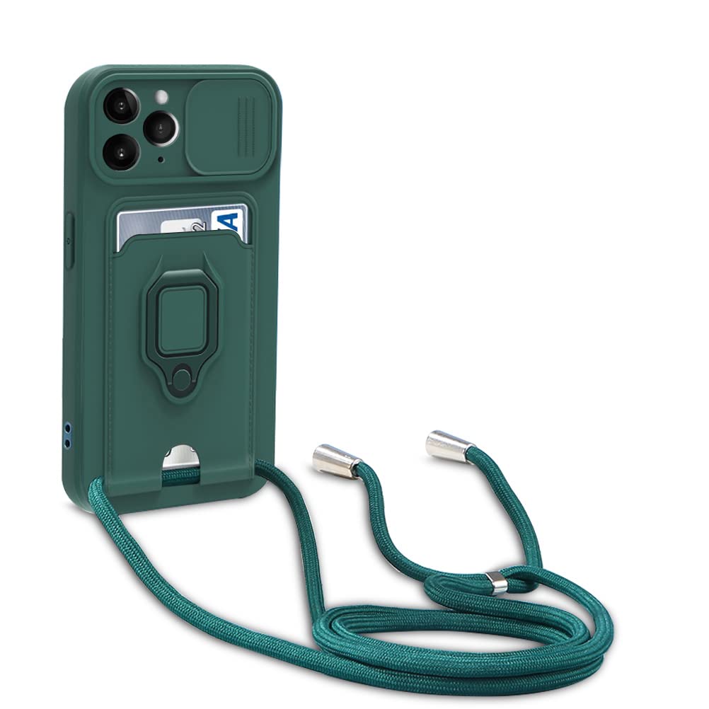 yanasuo Camera Protection Lanyard Phone Case for iPhone 11 Pro, Card Holder, Slide Camera Cover, Silicone Cord Strap rope Shell TPU Shockproof Bumper Cover-Dark Green