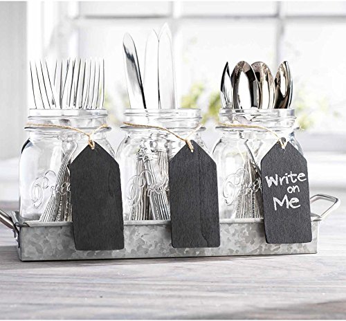 Flatware Caddy Organizer Cutlery Holder - 3 Glass Mason Jars in Galvanized Tray with Handles & Chalk-Tags | Utensil Farmhouse Silverware Caddy For Table | Ideal For Kitchen Countertop, Party, Dining,