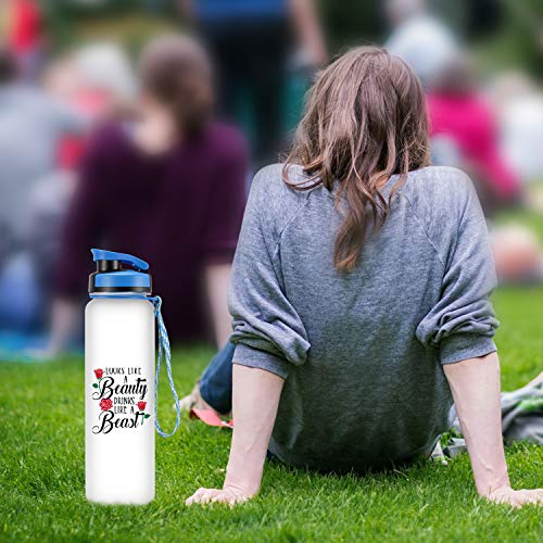 LEADO 32oz 1Liter Motivational Tracking Water Bottle with Time Marker - Looks Like a Beauty Drinks Like a Beast - Funny Birthday Gifts for Women Friends, Coworkers, Girls, Wife, Daughter, Sister, Her