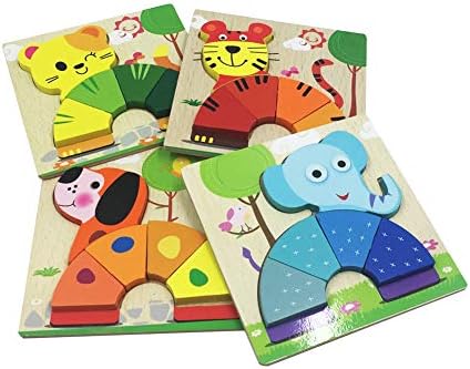 letsgood Colorful Wooden Jigsaw Puzzles for Baby & Toddlers, Early Educational Jigsaw Puzzles Birthday Gift Toys for 1 2 3 Years Old Boys Girls, Cute Drawstring Carrying Bags (Pack of 4 Animals)