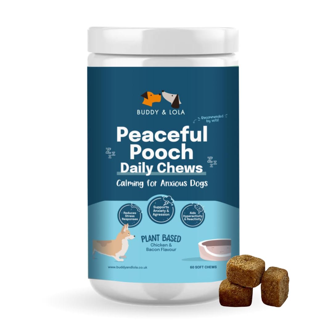 Buddy & Lola Peaceful Pooch Dog Calming Products - Perfect Remedy for Dog Anxiety relief - Easy to Use Plant Based Chews, Breeds - Great for Rescue or Re Homed Pets