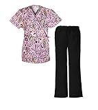 G Med Women's 2 Pieces Printed Scrub Mock Wrap Top and Pant Set