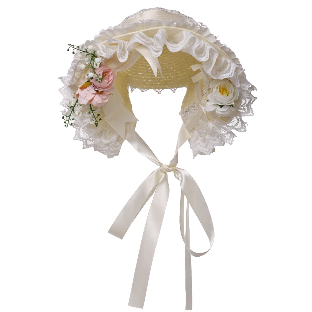 COSDREAMER Women Victorian Bonnets Lace Flowers Tea Party Hats (White) — image 1