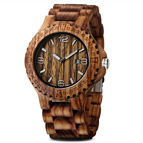 CUCOL Mens Zebra Wood Watch Japanese Quartz Movement Date Display Lightweight Vintage Wristwatch Groomsman Gift