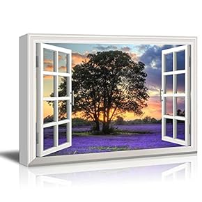 Creative Window View Canvas Prints Wall Art - Sunset on a Purple Field - 24" x 36"