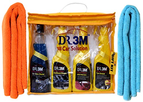 Dashboard Polish 250ml.+ TYRE Polish 250ml.+ Leather Polish 250ml.+ CAR Glass Cleaner 250ml. + 2 PC (Orange + Sky Blue) CAR Microfiber Cloth.