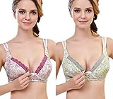 CAKYE Women's Wirefree Maternity Nursing Bra Floral Sleep Breastfeeding Bra (38D, Green + Purple (2 Pcs))