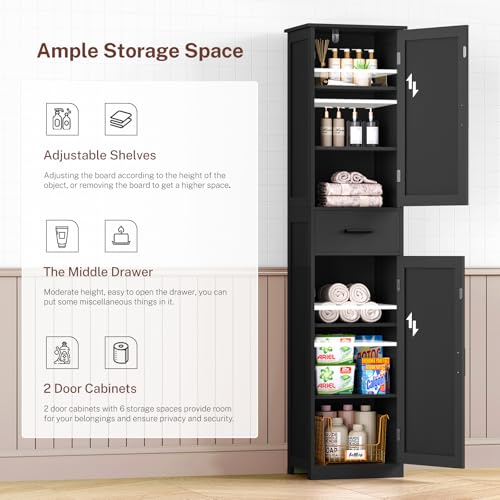 WEENFON Tall Bathroom Cabinet with 6 Shelves, Narrow Bathroom Storage with 2 Doors, Narrow Storage Cabinet, for Bathroom, Living Room, Kitchen, Black, 30×40×170CM