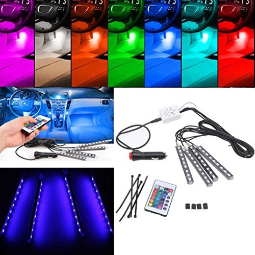 Ecosin® 4Pcs 9LED Remote Control Colorful RGB Car Interior Floor Decorative Lights Strip