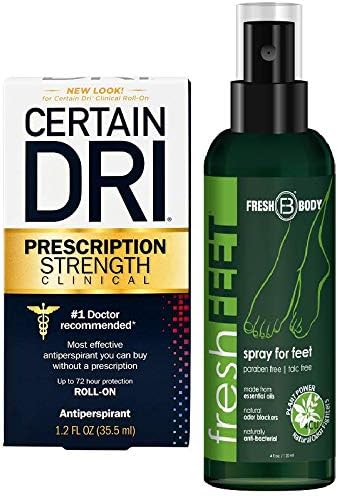 FRESH FEET and CERTAIN DRI 1.2 oz Roll On Prescription Strength Clinical Antiperspirant! 4 oz Natural Anti-Bacterial Odor Fighting Spray w/Essential Oils (By Creator of Fresh Balls)