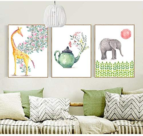 Mkglu Modern Fashion Simple Elephant Giraffe and Teapots Wall Painting Nordic Small Fresh Animal Plants Canvas Paintings -50X70Cmx3Pcs- No Frame