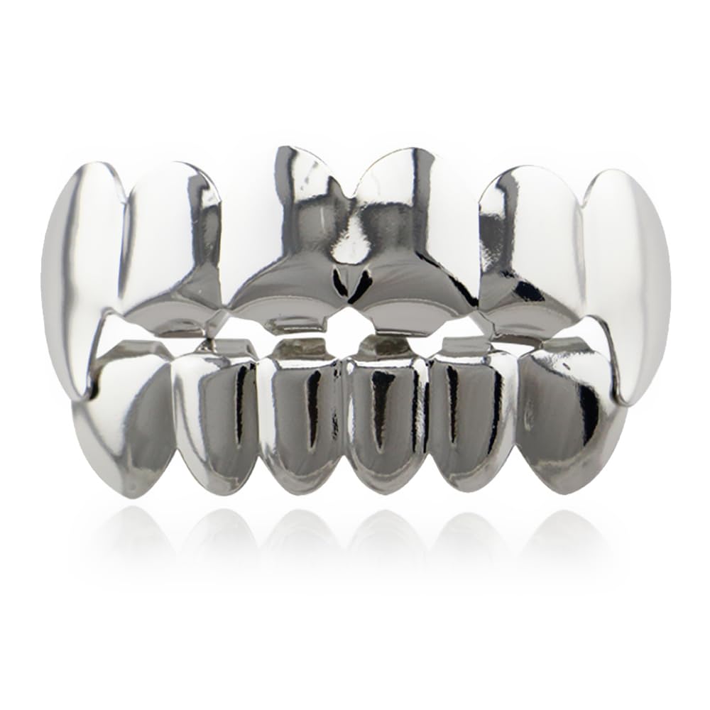 Teeth Grills,Hip-hop Teeth,Hip Hop Teeth Grills,Argent Plated Tooth,Braces Top and Bottom Grill Cap Shiny Teeth,for Men's and Women's Parties,Proms,Halloween Role Plays