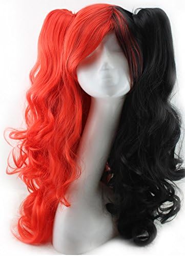 SIMUSTY Multi-color Lolita Long Curly Clip on Double Jaws Clamp Ponytails Cosplay Wig (Black/ Red)