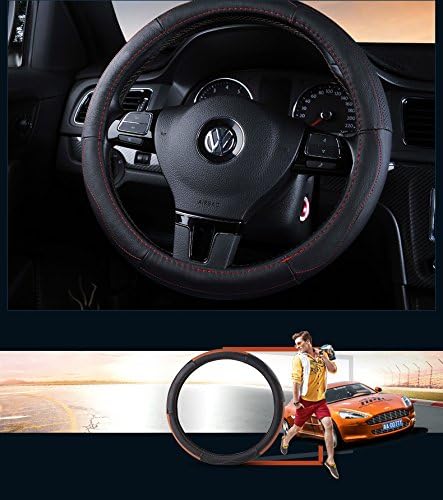 QUEES Absolute Black Steering Wheel Cover-Genuine Leather, Heavy Duty, Thick, Elegant, Anti-Slip, 15 inch Middle Size