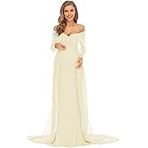 ZIUMUDY Maternity Off Shoulder Long Sleeve Fitted Gown Maxi Chiffon Dress for Photo Shoot Baby Shower
