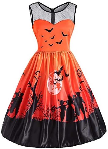 NIUQI Women New Halloween Pumpkin Print Dress Round Neck Zipper Hepburn Party Dress