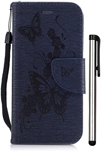 for iPhone 6S Case,iPhone 6 Case 4.7 inch Magnet Leather Wallet Flip Cover with Built-in Credit Card/ID Card Slots Fit Apple 6G + - Dark Blue Embossed Butterfly Flower (Not for 6/6S Plus 5.5inch)