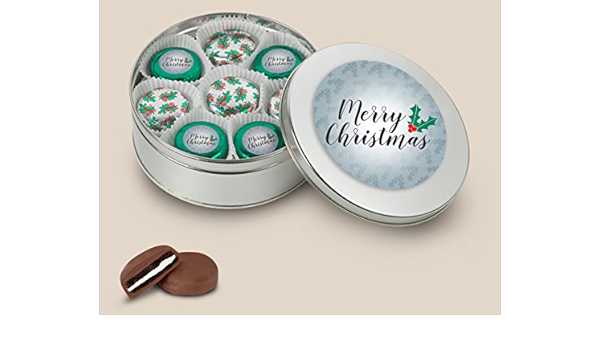 Amazon Com Merry Christmas Holly Tin In Silver Chocolate Covered Oreo Cookies Grocery Gourmet Food