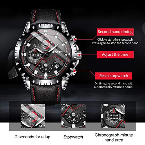 Orologi al quarzo da uomo Sunven Sport Impermeabile 30M Cinturino in pelle Cassa in acciaio inossidabile con funzione di cronometro data (NeroB)