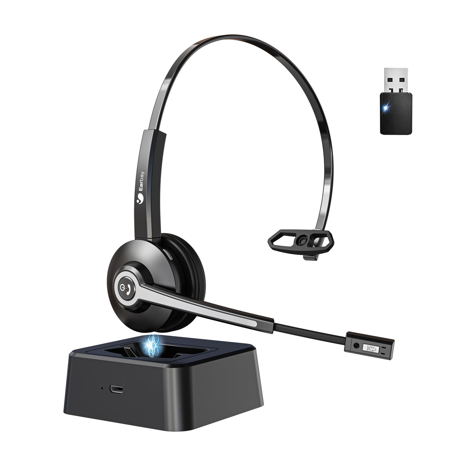 Photo 1 of Earbay Trucker Bluetooth Headset, Wireless Headphones with Microphone Mute & USB Dongle, Wireless Headset with Mic for Work Noise Canceling & Charing Base for Work/PC Computer/Phones/Office/Meeting