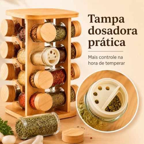 Porta Temperos Giratório 360° em Bambu com 16 Potes de Vidro 80ml, Base Quadrada – Organizador Premium para Cozinha