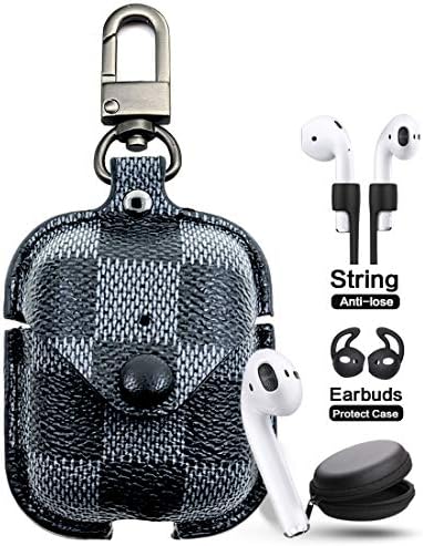 Airpods Case Leather Cover with Keychain and Anti-Lost Protects Accessories Kits, JANSAE Classic Designer Airpod Case Compatible with Airpods 1/2 Charging Case (Blue/Grid)