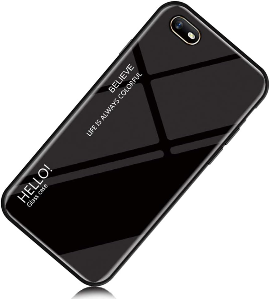 Yoodi Realme C2 Case, Gradient Tempered Glass Back Case + Soft Silicone Frame Cover Anti-Scratch Hybrid Casing for Realme C2 - Black