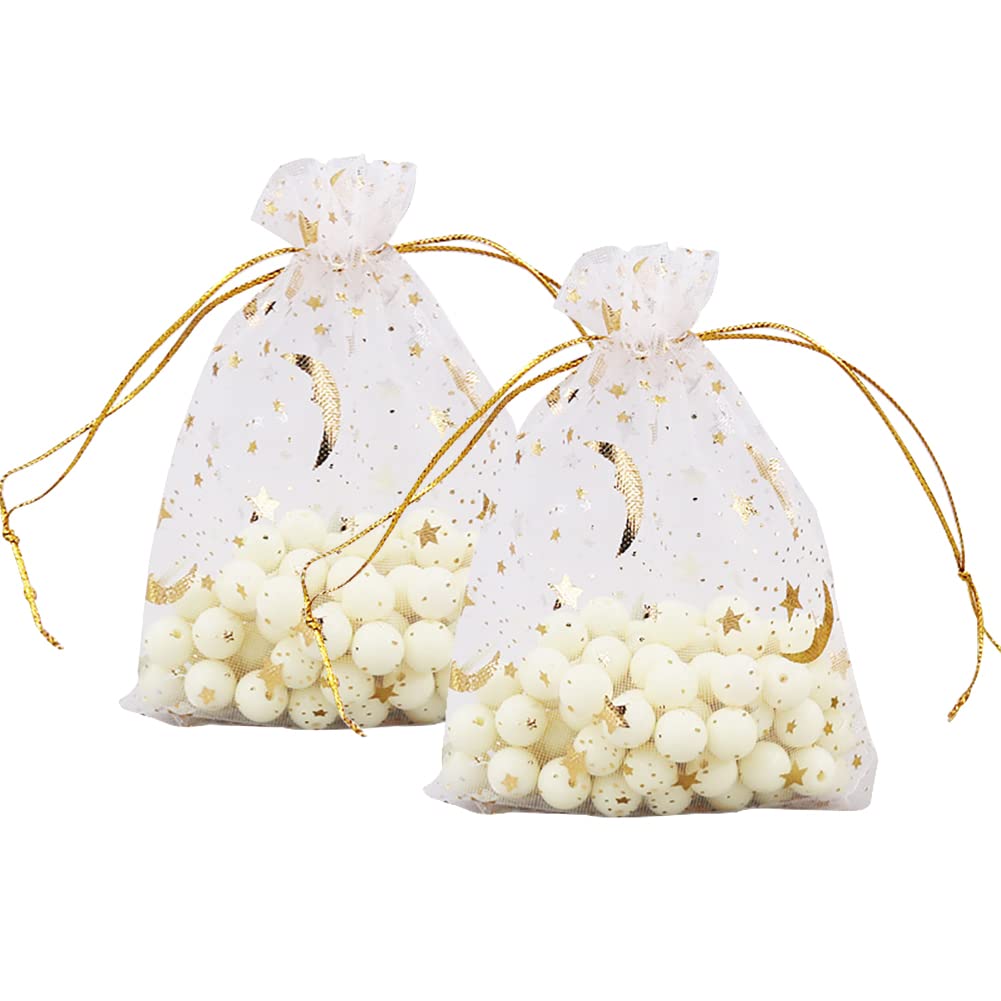 HugeDE 100 Pcs 9 x 12cm Moon Stars Organza Drawstring Bags Sheer Jewelry Pouches Wedding Party Favor Bags Candy Mesh Gift Bags for Christmas White Gold