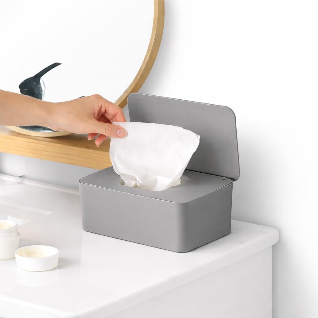 Wet Wipes Dispenser Tissue Box Holder with Lid Dustproof Baby Nappy Wet Tissue Box Cover Toilet Wipes Storage Container Keep Wipes Fresh & Safe Napkin Holder Case for Home, Car or Office Desk (Grey)
