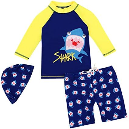 SERAIALDA Baby Kids Boys Two Pieces Short Sleeve Swimwear Dinosaur Print Rash Guard Sun Protection Swimsuit Set With Caps,Yellow,1-2 Years