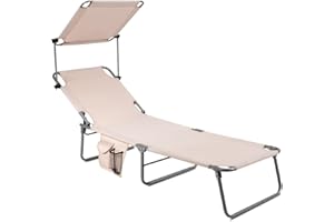 COSTWAY Beach Lounge Chair, Foldable Chaise Lounge with Canopy, Adjustable Backrest & Side Pocket, Tanning Chair for Seaside, Pool, Patio (Beige)