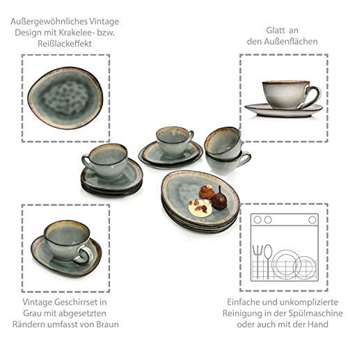 SÄNGER | Kaffeeservice Capri Grau aus Steingut, Kaffee Geschirrset für 4 Personen, Tassen, Untersetzer, Vintage Design – Bild 3