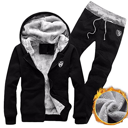 Mens Tracksuit Warm Sport Jogging Sweat Suits Hooded Sweatshirt Hoodies Coat & Bottoms Set (L, Black) - Thumbnail 4