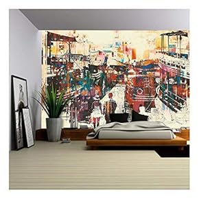 Couple Walking on Harbor Pier with Colorful Boats,Illustration Painting - Removable Wall Mural | Self-Adhesive Large Wallpaper - 66x96 inches