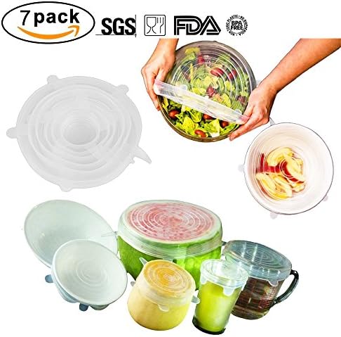 Silicone Stretch Lids-7 pack(includes EXCLUSIVE XL SIZE), BPA Free,Reusable, Durable and Expandable to Fit Various Sizes and Shapes of Containers.Silicone Food Saver Covers by Winnas (Clear)