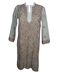 Women Long Tunic Dress Ivory Embroidered Sheer Coverup Caftan S/M