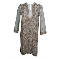 Mogul Interior Women Long Tunic Dress Ivory Embroidered Sheer Coverup Caftan S/M