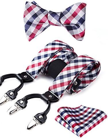 Enmain Suspender & Self-tie Bow Tie and Pocket Square Set Various Classic 6 Clips Adjustable Braces