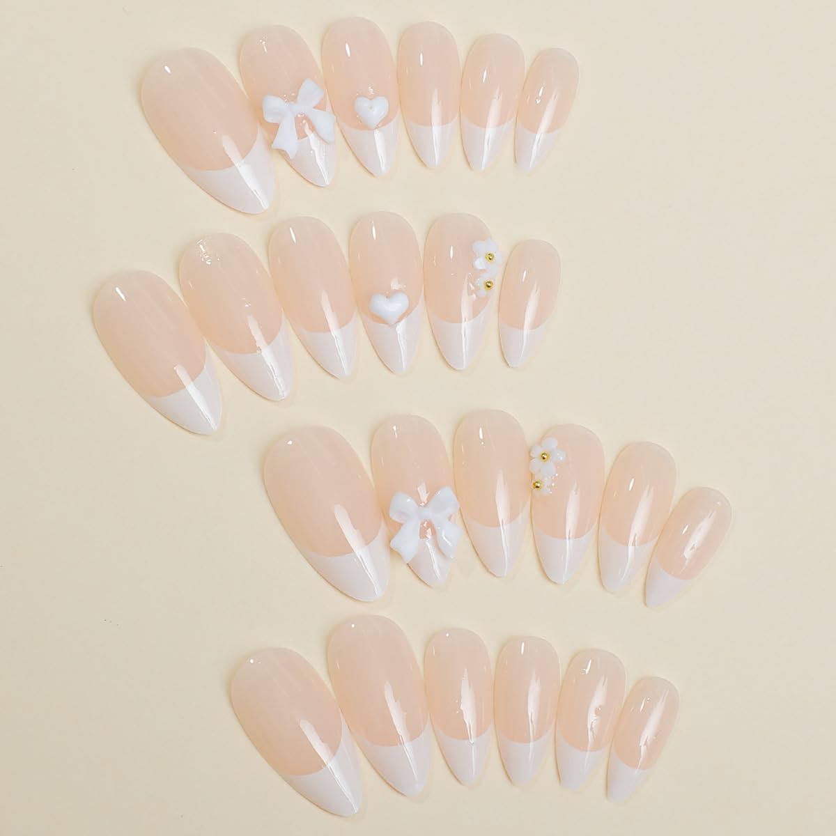 French Tip Press on Nails Medium Almond Fake Nails White False Nails with Design Cute Charms Bow Heart Stick on Nails Full Cover Glossy Acrylic Glue on Nails Artificial Nails for Women Manicure 24Pcs - Image 4