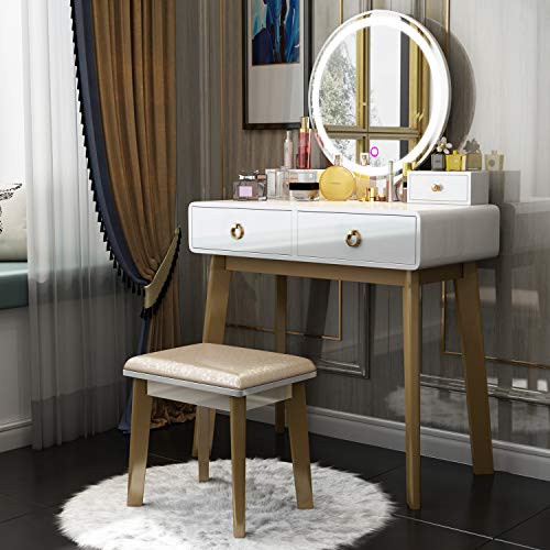 OUTDOOR DOIT Vanity Table Set,Makeup Table with Oval Mirror & Stool, Bedroom Wood Dressing Table with 4 Storage Drawers White