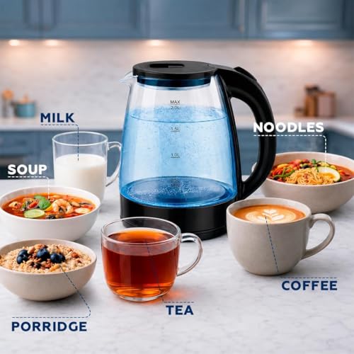 2L Electric Glass Tea Kettle, 1500W Fast Boil, Blue LED Light, 360° Cordless Base, Stainless Steel & Borosilicate, Large Capacity with Water Level Gauge