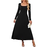 KETAWAK Fall Dresses for Women 2025 Long Sleeve Maxi Dress Square Neck Bow Tie Formal Wedding Guest Dresses Pockets Black